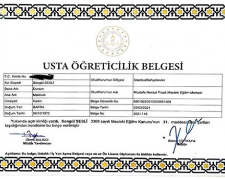 Usta Öğreticilik Belgesi